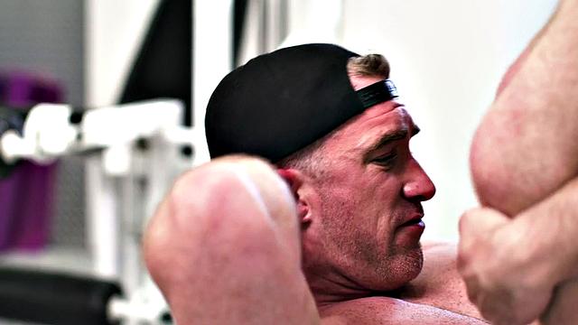 Gym jock with muscled body barebacked in gym