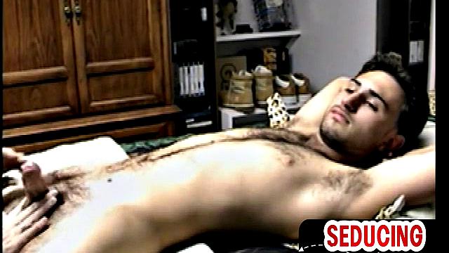 Skinny and hairy stud sucked by gay neighbor at home