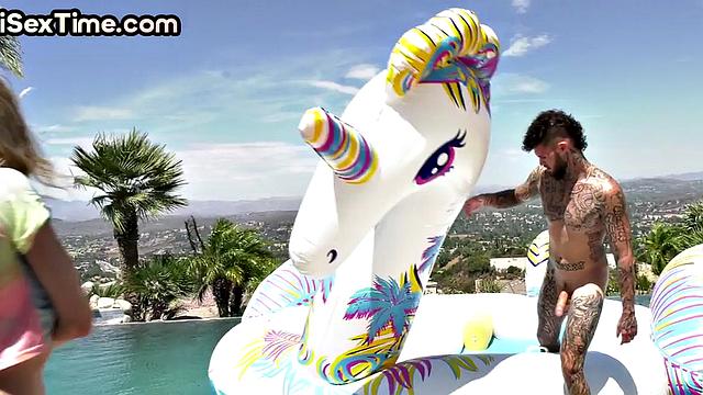 WAM bisexual facefucked in threesome by outdoor pool