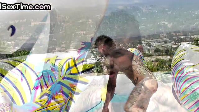 WAM bisexual facefucked in threesome by outdoor pool