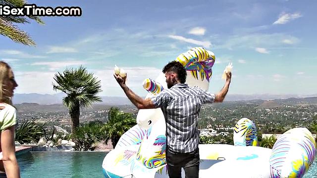 WAM bisexual facefucked in threesome by outdoor pool