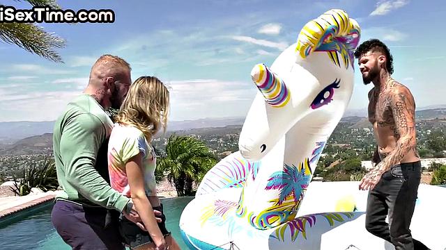 WAM bisexual facefucked in threesome by outdoor pool