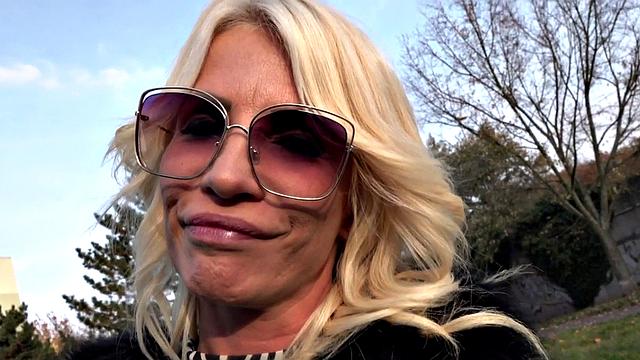 Picked up busty blonde gets bent over before riding stiff rod