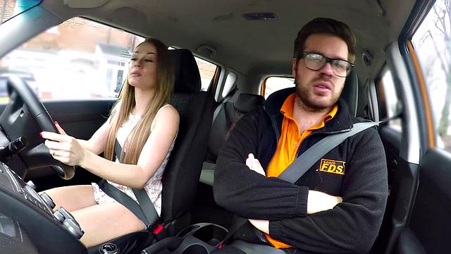 babe publicly banged outdoors in car by instructor