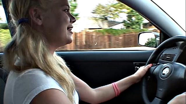 Little Summer with natural tits Fingering in Car