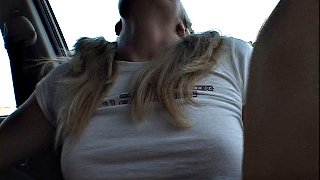 Little Summer with natural tits Fingering in Car