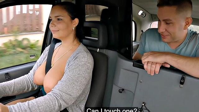 Busty cab babe in stockings rammed by horny client