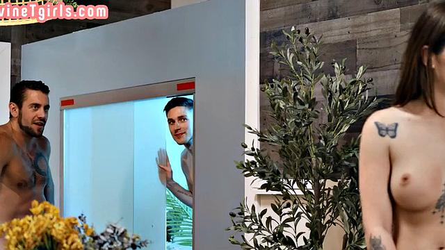 TS inked babe public fucked in threesome in her flower shop