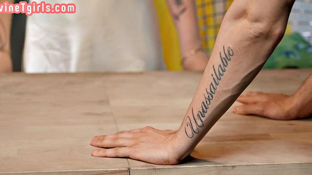 TS inked babe public fucked in threesome in her flower shop