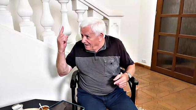 VIP4K. Grey-haired old impotent man orders a sex robot for busty hungry wife