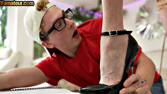 Femdom granny teaching 21yo guy how to lick foot