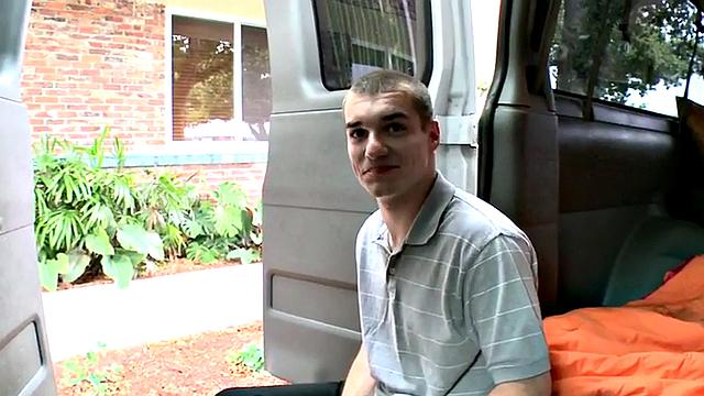 Picked up straight twink fucks gay in van till cumshot