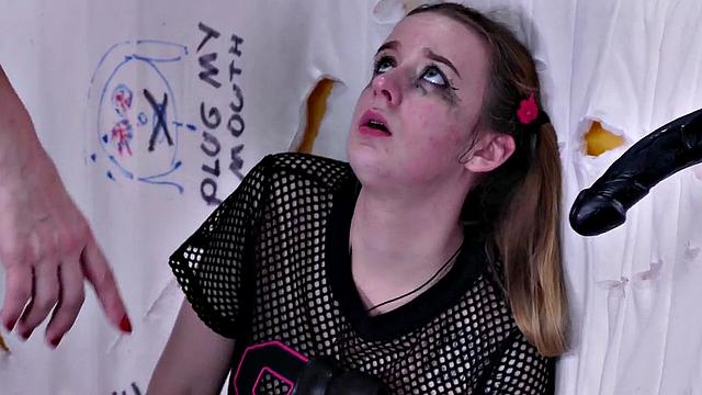 Lezdom teen slave gagging on dildos