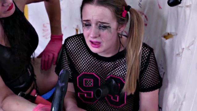 Lezdom teen slave gagging on dildos