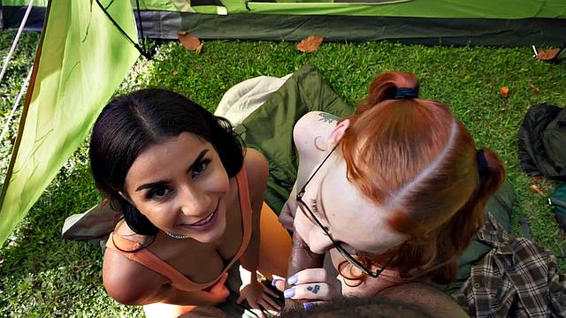 Nympho redhead babe and her BFF IR fucked outdoor