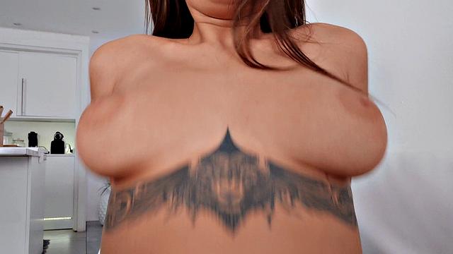 Russian tattooed babe gives a kitchen blowjob & gets her bald pussy drilled from behind