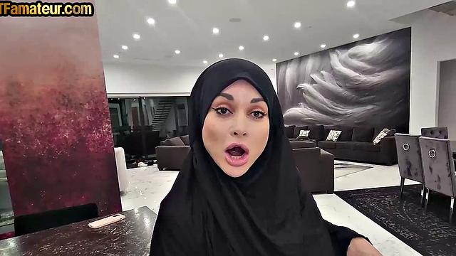 Arab amateur MILF with big fake boobs rides in POV