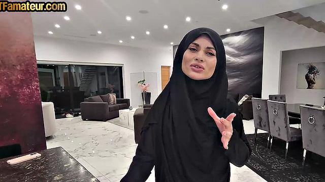 Arab amateur MILF with big fake boobs rides in POV