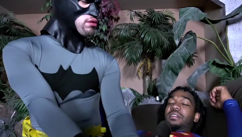 Superman barebacking Batman after BJ in interracial duo