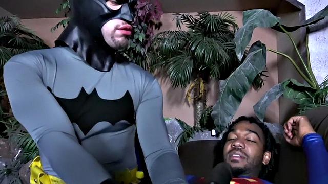 Superman barebacking Batman after BJ in interracial duo