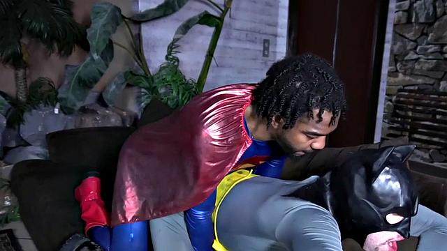 Superman barebacking Batman after BJ in interracial duo