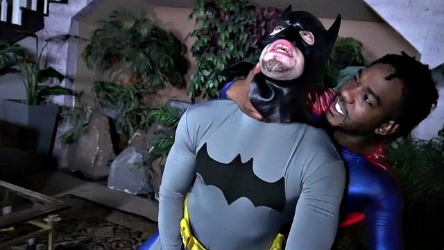 Superman barebacking Batman after BJ in interracial duo