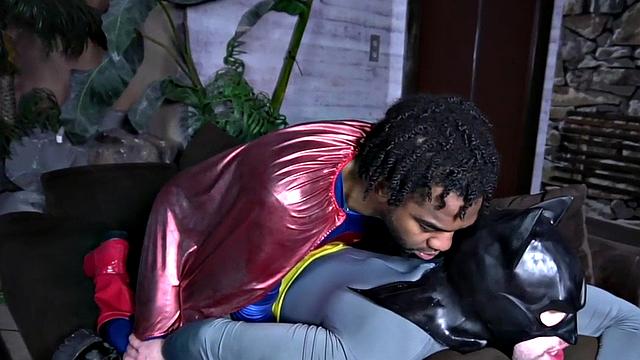Superman barebacking Batman after BJ in interracial duo
