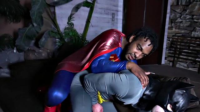 Superman barebacking Batman after BJ in interracial duo