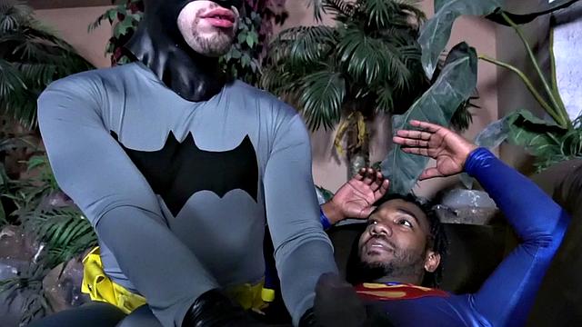 Superman barebacking Batman after BJ in interracial duo