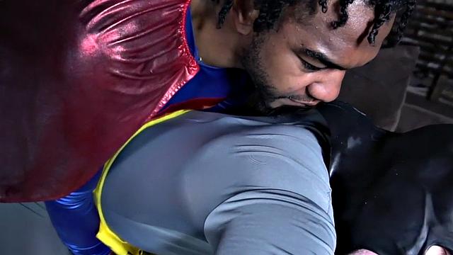 Superman barebacking Batman after BJ in interracial duo