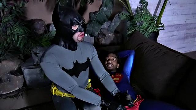 Superman barebacking Batman after BJ in interracial duo