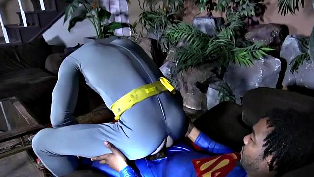 Superman barebacking Batman after BJ in interracial duo
