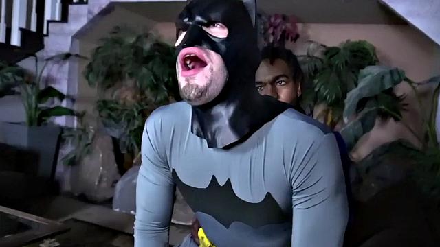 Superman barebacking Batman after BJ in interracial duo