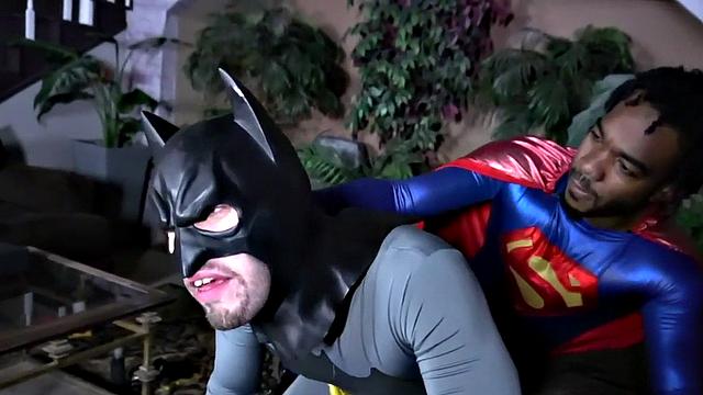 Superman barebacking Batman after BJ in interracial duo