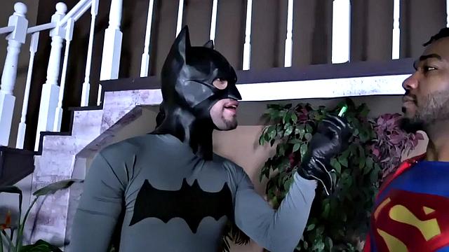 Superman barebacking Batman after BJ in interracial duo