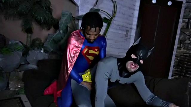 Superman barebacking Batman after BJ in interracial duo