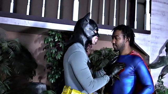 Superman barebacking Batman after BJ in interracial duo