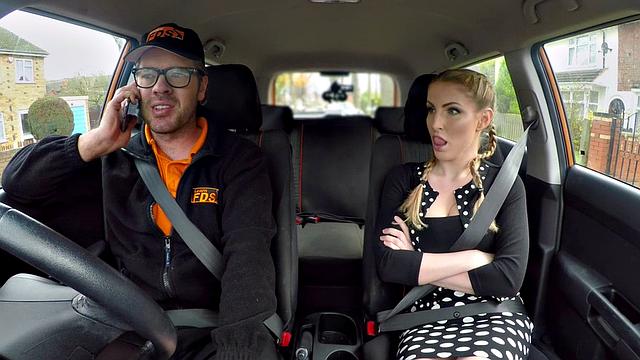 Blonde bombshell with massive tits gets her pussy and mouth stuffed in car