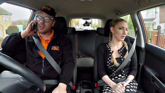 Blonde bombshell with massive tits gets her pussy and mouth stuffed in car