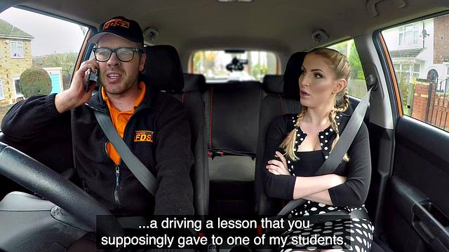 Blonde bombshell with massive tits gets her pussy and mouth stuffed in car