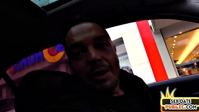 Public slut drilled in POV in car by big white cock