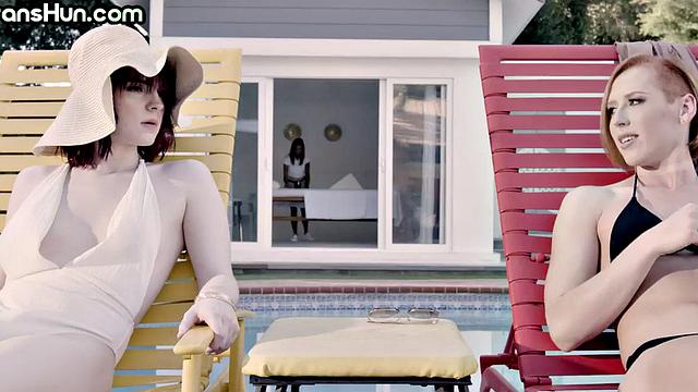 Trans ladies fuck 21yo petite in threesome