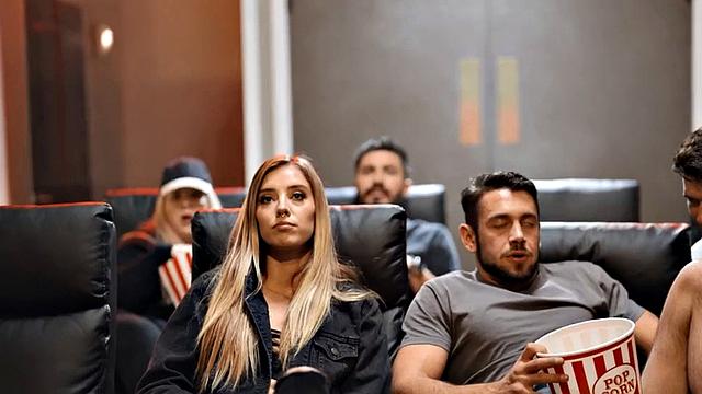 Bisex skinny babe fucked in public cinema 3some