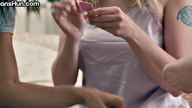 Trans honey pussyfuck BFFs in passionate 3way after BJ