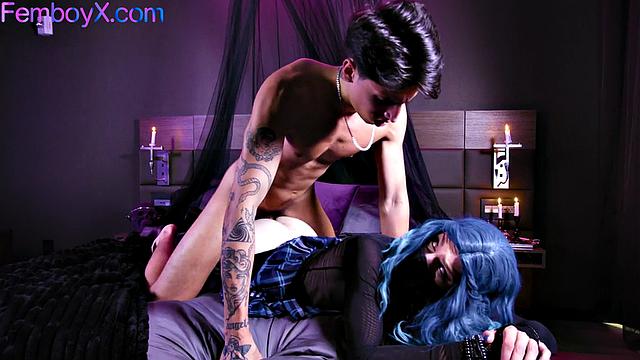 Femboi beauty riding on domino twink