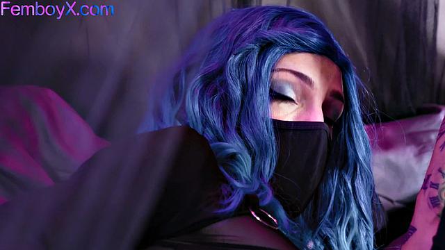 Femboi beauty riding on domino twink