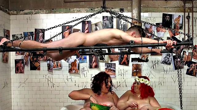 BBW food fetish domina rides sub hard cock in bathroom