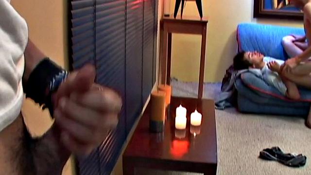 Homemade Latin twink watches anal sex while jerking off