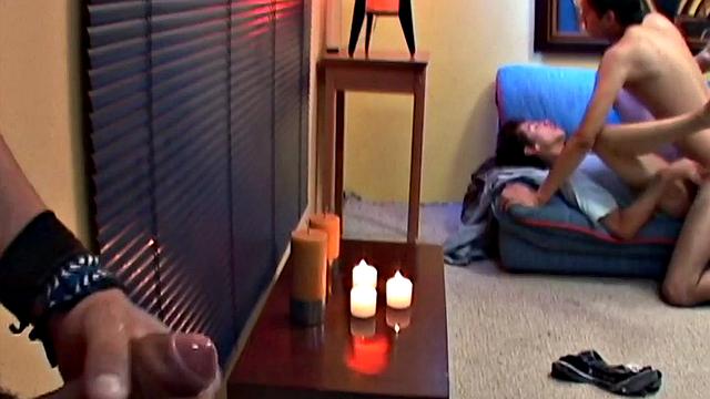 Homemade Latin twink watches anal sex while jerking off