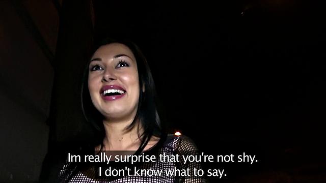 Brunette hottie gives a sloppy BJ and takes it doggy-style in public